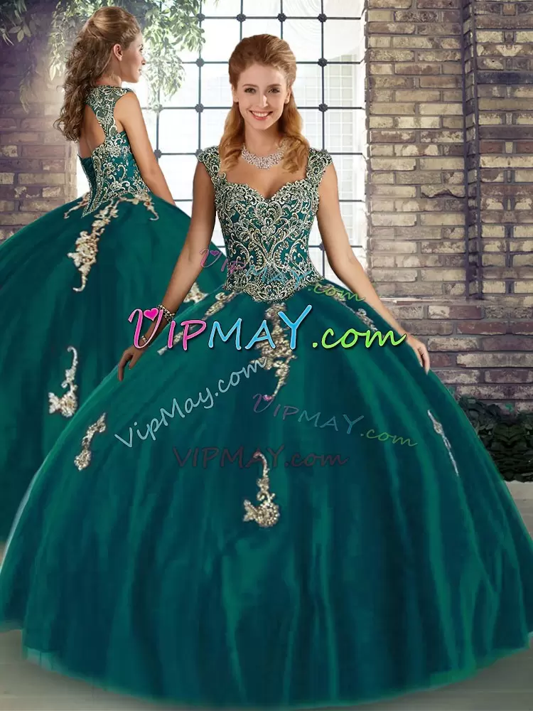 Pretty Floor Length Peacock Green Sweet 16 Quinceanera Dress Tulle Sleeveless Beading and Appliques