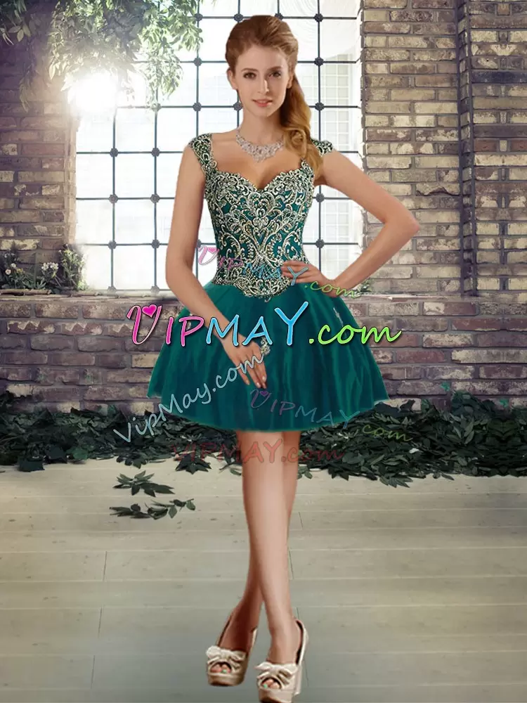 Pretty Floor Length Peacock Green Sweet 16 Quinceanera Dress Tulle Sleeveless Beading and Appliques