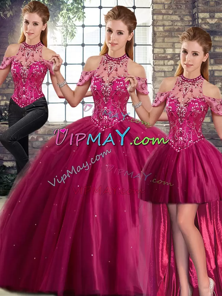 Fuchsia Halter Top Neckline Beading Quinceanera Gowns Sleeveless Lace Up