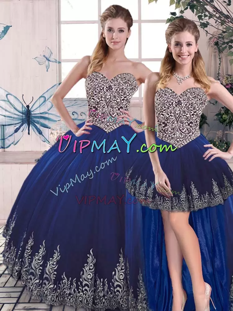 Royal Blue Sleeveless Embroidery Floor Length Quinceanera Gown