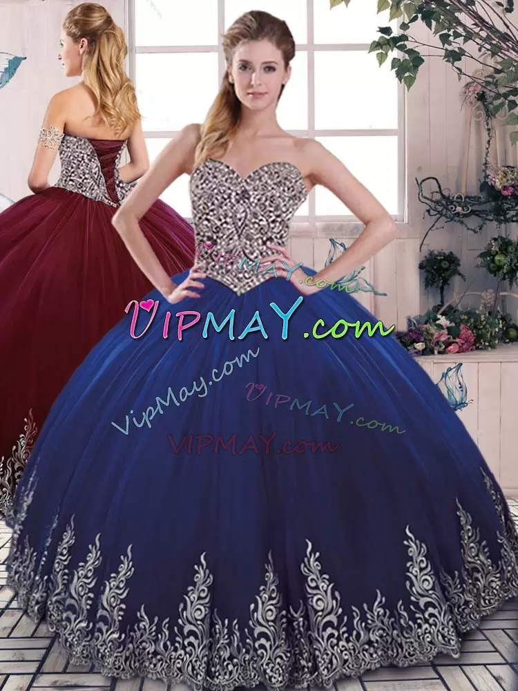 Royal Blue Sleeveless Embroidery Floor Length Quinceanera Gown