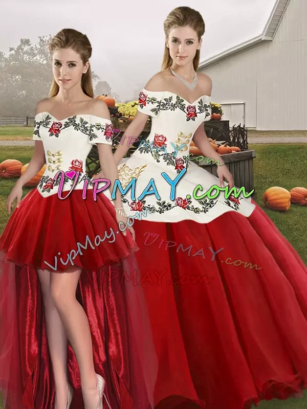 White And Red 15 Quinceanera Dress Military Ball and Sweet 16 and Quinceanera with Embroidery Off The Shoulder Sleeveless Lace Up