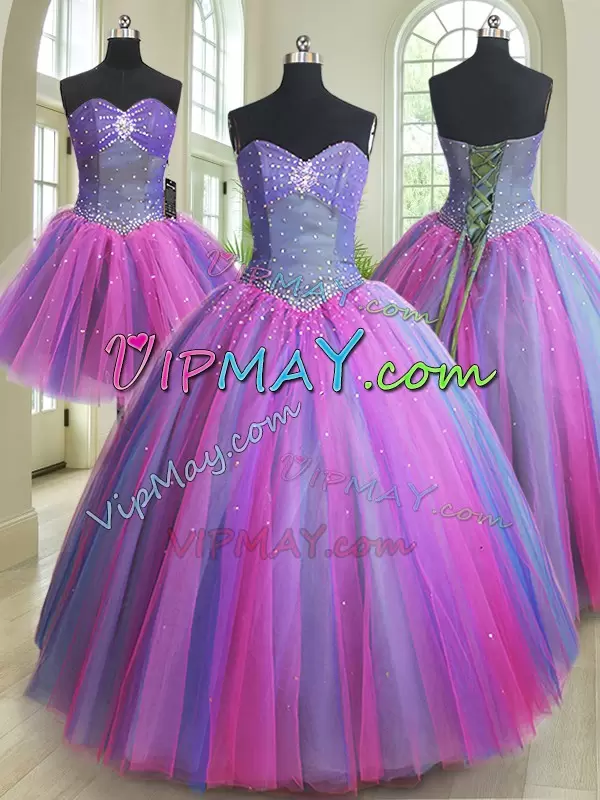 Dazzling Multi-color Sleeveless Tulle Lace Up Quinceanera Dresses for Military Ball and Sweet 16 and Quinceanera