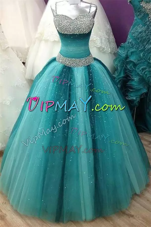 Spaghetti Straps Sleeveless Tulle 15th Birthday Dress Beading and Ruching Lace Up