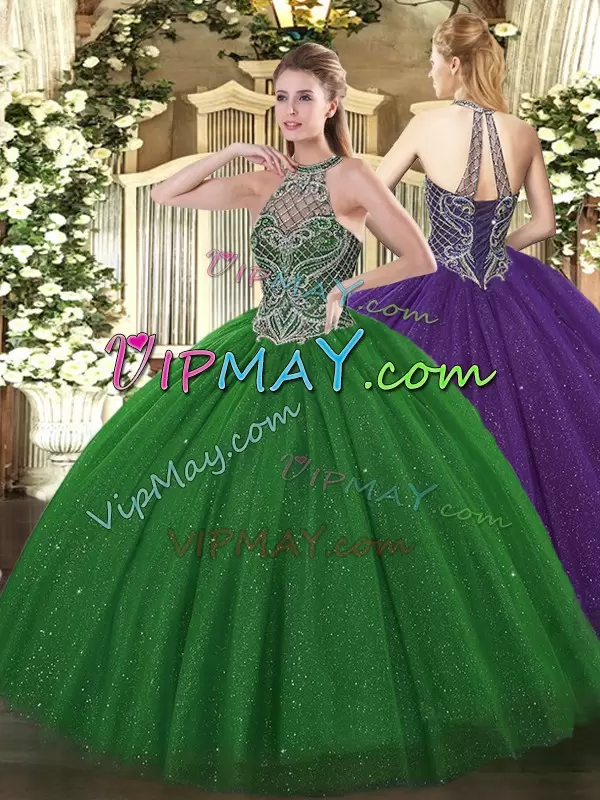 Beading Quince Ball Gowns Green Lace Up Sleeveless Floor Length