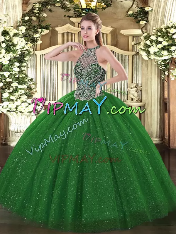 Beading Quince Ball Gowns Green Lace Up Sleeveless Floor Length