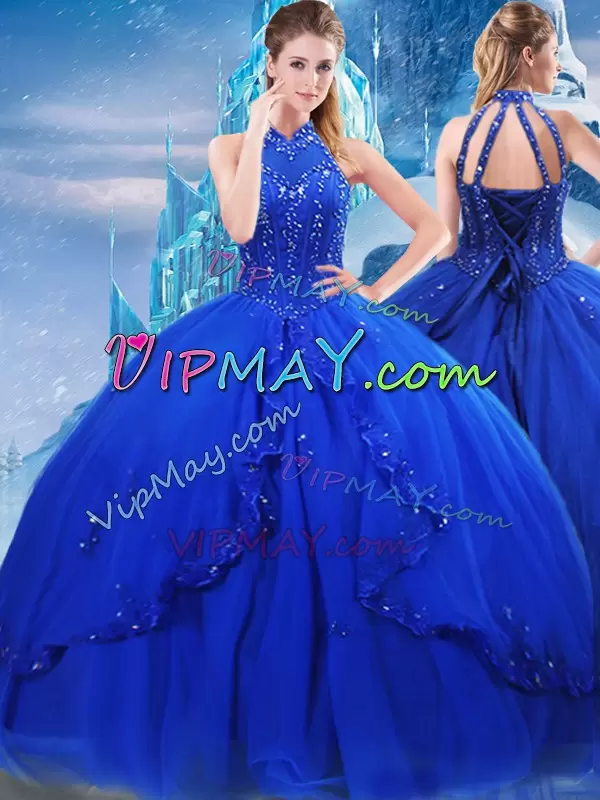 Fashion High-neck Sleeveless Brush Train Lace Up Quinceanera Gowns Royal Blue Tulle Beading and Ruffles