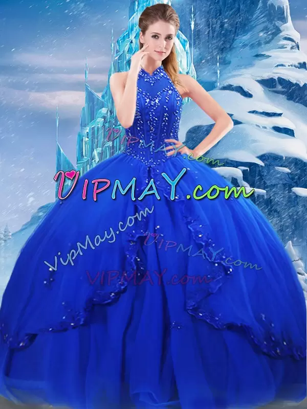 Fashion High-neck Sleeveless Brush Train Lace Up Quinceanera Gowns Royal Blue Tulle Beading and Ruffles