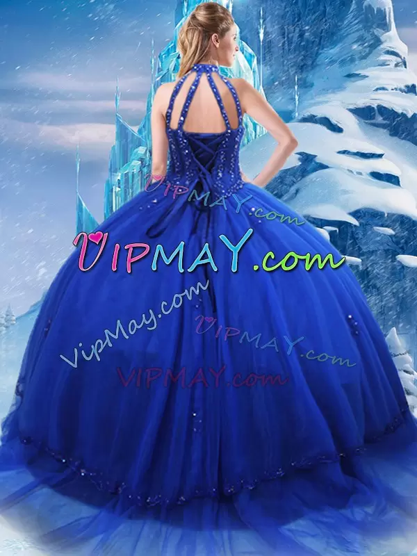 Fashion High-neck Sleeveless Brush Train Lace Up Quinceanera Gowns Royal Blue Tulle Beading and Ruffles