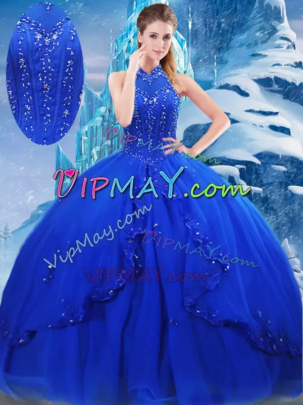 Fashion High-neck Sleeveless Brush Train Lace Up Quinceanera Gowns Royal Blue Tulle Beading and Ruffles