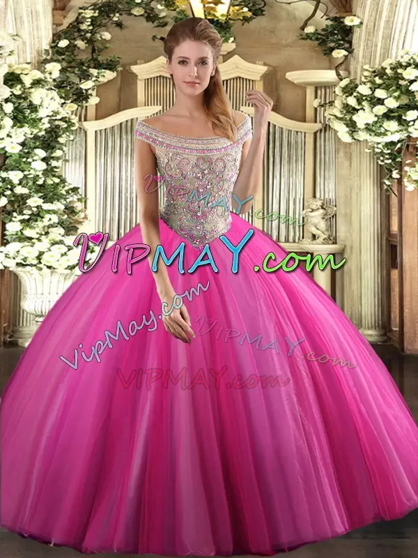 Admirable Beading Sweet 16 Quinceanera Dress Hot Pink Lace Up Sleeveless Floor Length