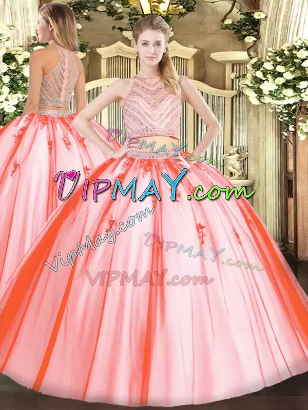 Floor Length Watermelon Red 15 Quinceanera Dress Scoop Sleeveless Zipper