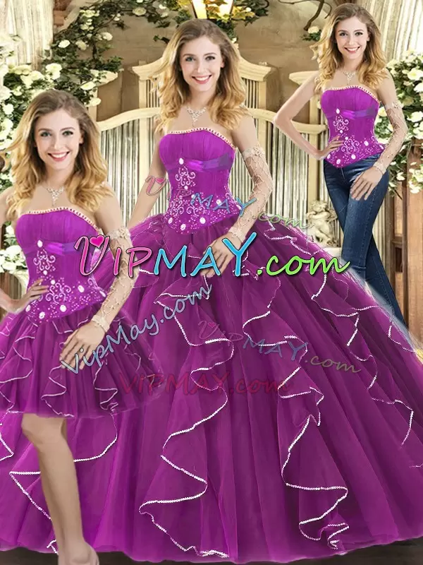 Low Price Purple Strapless Neckline Beading and Ruffles Quinceanera Gowns Sleeveless Lace Up