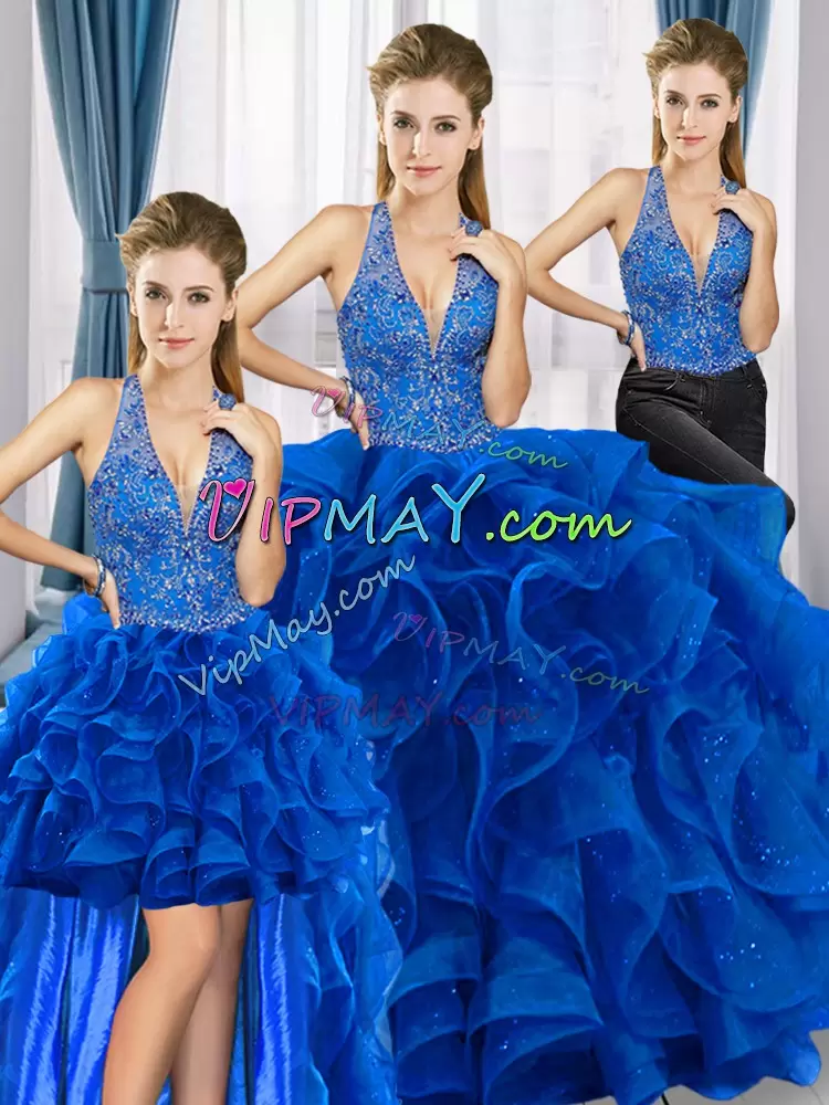 Lovely Royal Blue Lace Up Sweet 16 Quinceanera Dress Beading and Ruffles Sleeveless Floor Length