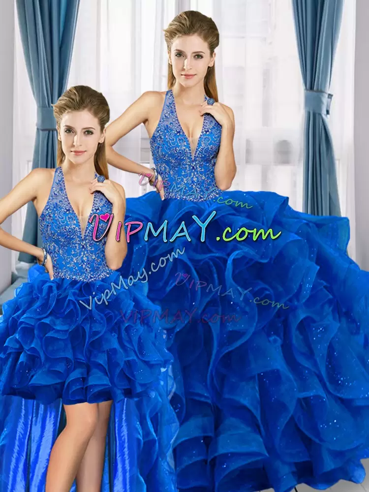 Lovely Royal Blue Lace Up Sweet 16 Quinceanera Dress Beading and Ruffles Sleeveless Floor Length