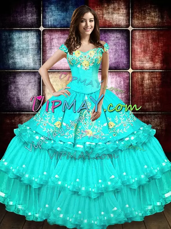 Floor Length Turquoise Quinceanera Gowns Off The Shoulder Sleeveless Lace Up