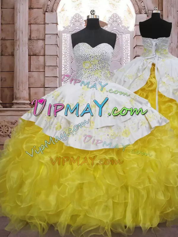 Yellow And White Ball Gowns Sweetheart Sleeveless Organza Brush Train Lace Up Beading and Appliques and Ruffles Vestidos de Quinceanera