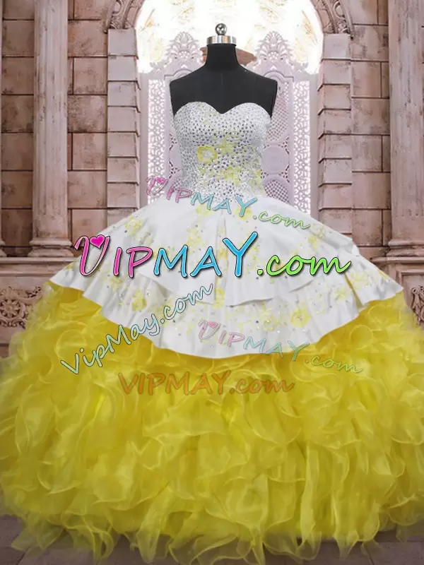 Yellow And White Ball Gowns Sweetheart Sleeveless Organza Brush Train Lace Up Beading and Appliques and Ruffles Vestidos de Quinceanera