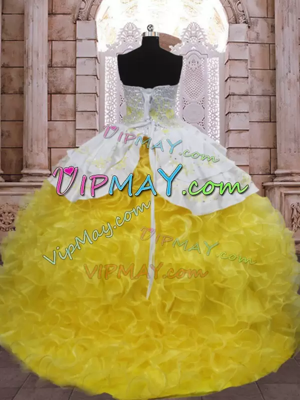 Yellow And White Ball Gowns Sweetheart Sleeveless Organza Brush Train Lace Up Beading and Appliques and Ruffles Vestidos de Quinceanera