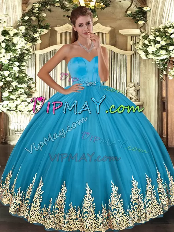 Edgy Floor Length Lace Up Quinceanera Dress Baby Blue for Military Ball and Sweet 16 and Quinceanera with Appliques