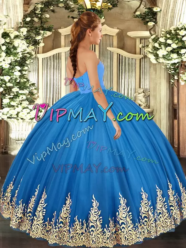 Edgy Floor Length Lace Up Quinceanera Dress Baby Blue for Military Ball and Sweet 16 and Quinceanera with Appliques