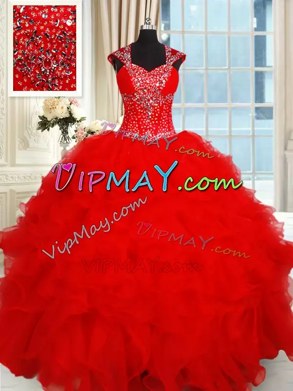 Free and Easy Red Ball Gowns Beading and Ruffles Quinceanera Dresses Backless Organza Cap Sleeves Floor Length