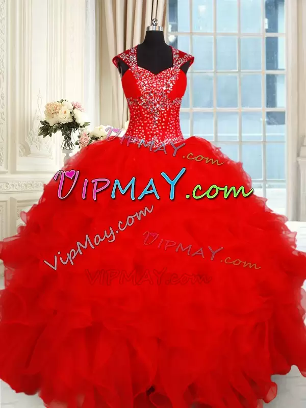 Free and Easy Red Ball Gowns Beading and Ruffles Quinceanera Dresses Backless Organza Cap Sleeves Floor Length