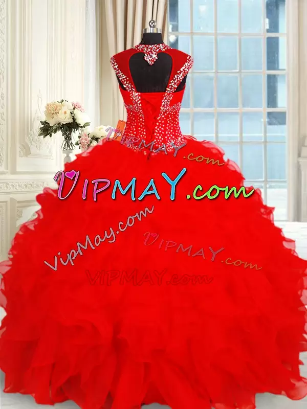 Free and Easy Red Ball Gowns Beading and Ruffles Quinceanera Dresses Backless Organza Cap Sleeves Floor Length