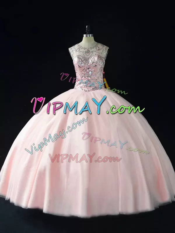 Pink Ball Gowns Scoop Sleeveless Tulle Floor Length Lace Up Beading Quinceanera Gowns