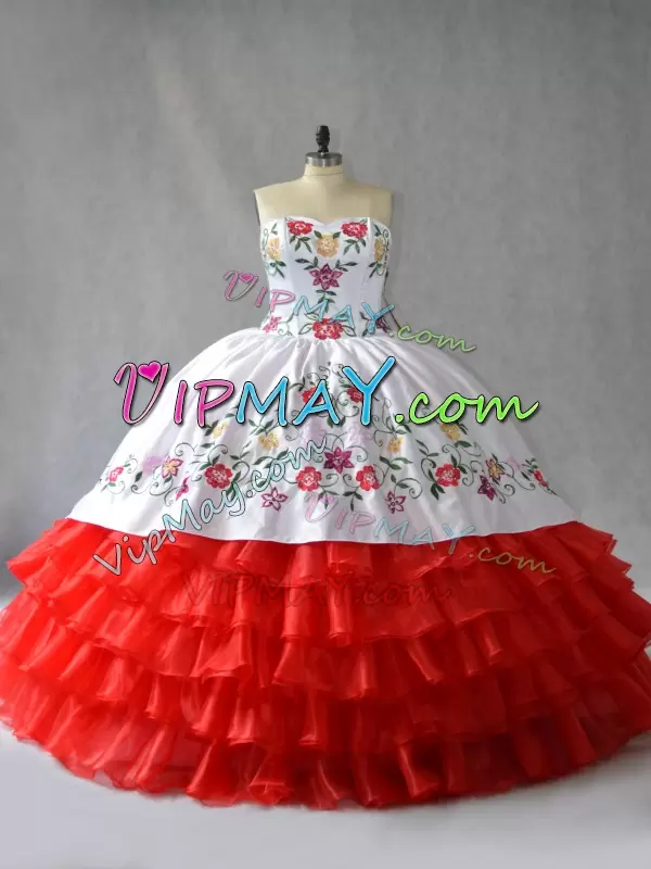 Attractive White And Red Sleeveless Organza Lace Up Quince Ball Gowns for Sweet 16 and Quinceanera