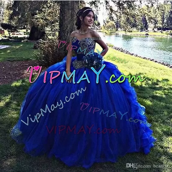 Floor Length Royal Blue Quinceanera Gown Off The Shoulder Sleeveless Lace Up