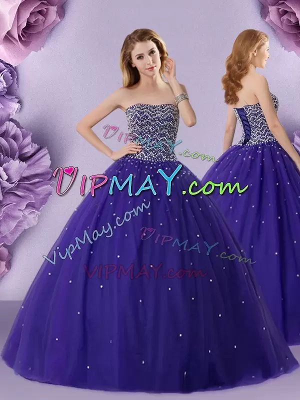 Affordable Customized Strapless Quinceanera Dress Floor Length Beading Purple Tulle