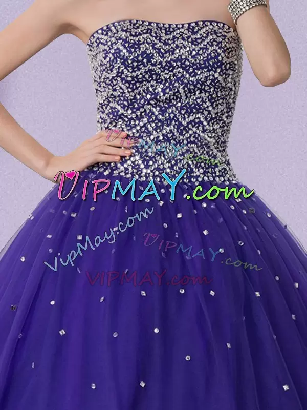 Affordable Customized Strapless Quinceanera Dress Floor Length Beading Purple Tulle