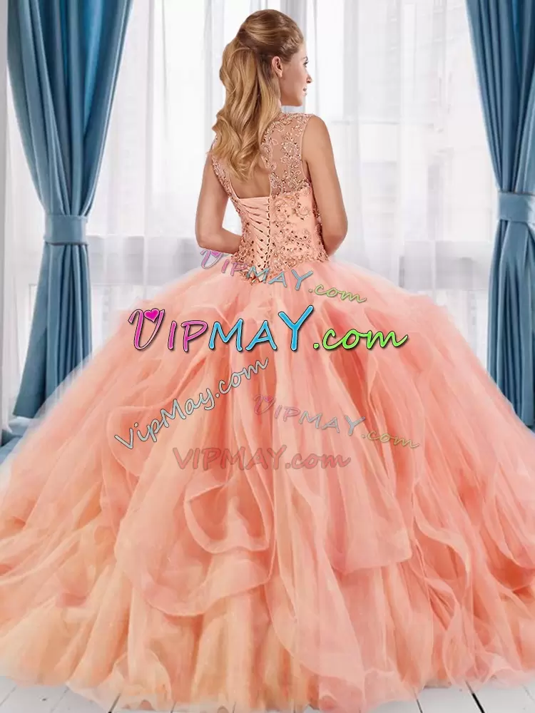 Lavender Lace Up Scoop Beading and Ruffles Quince Ball Gowns Tulle Sleeveless