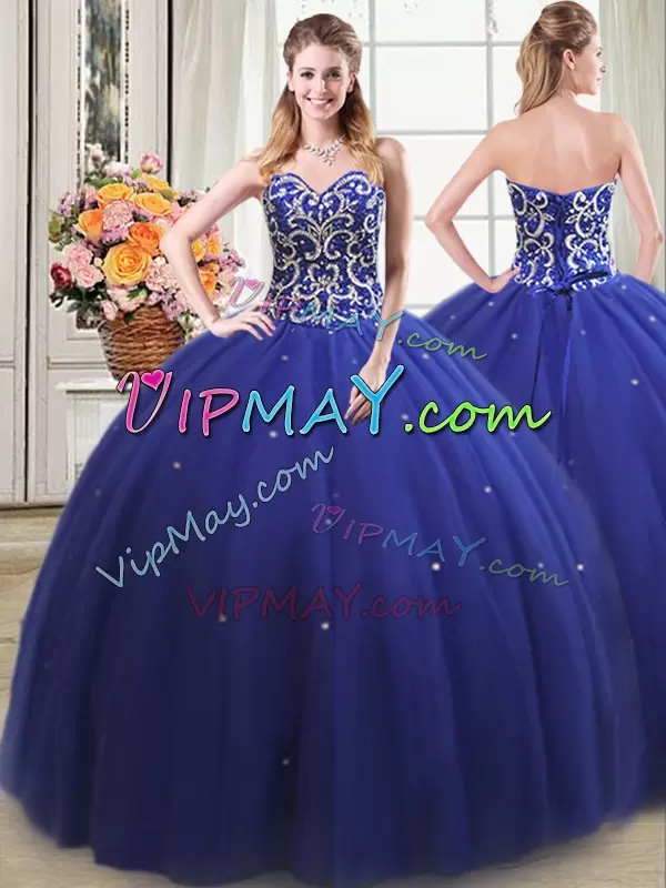 Sleeveless Floor Length Beading Lace Up Quinceanera Gown with Royal Blue