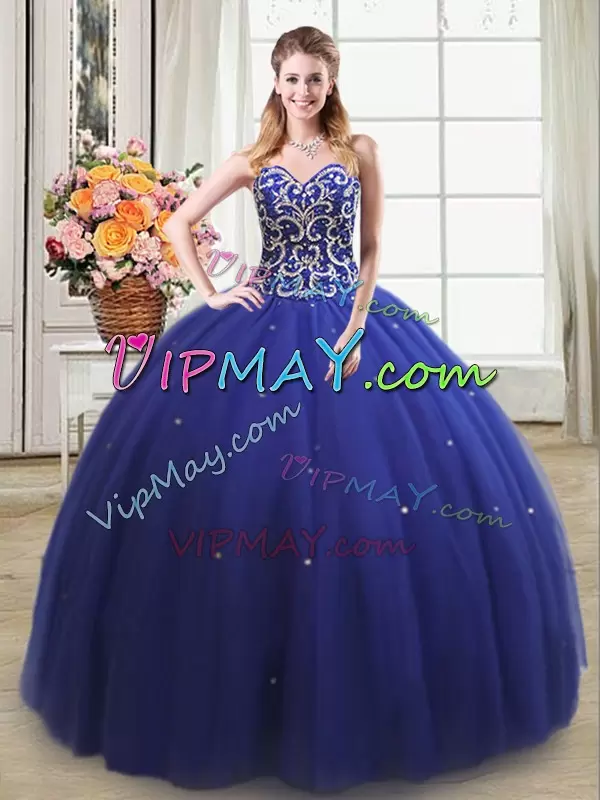 Sleeveless Floor Length Beading Lace Up Quinceanera Gown with Royal Blue