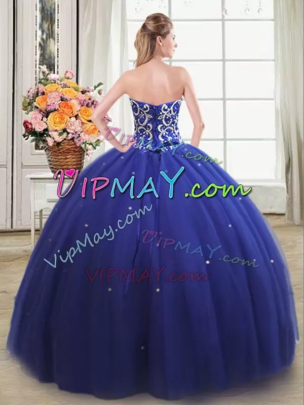 Sleeveless Floor Length Beading Lace Up Quinceanera Gown with Royal Blue