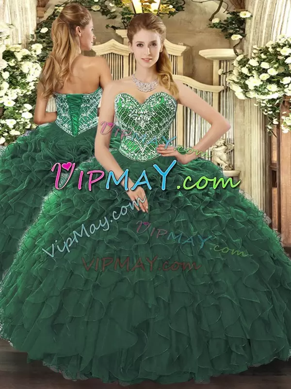 Fantastic Sleeveless Tulle Floor Length Lace Up Sweet 16 Quinceanera Dress in Dark Green with Beading and Ruffled Layers