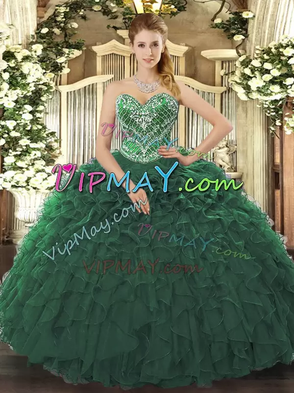 Fantastic Sleeveless Tulle Floor Length Lace Up Sweet 16 Quinceanera Dress in Dark Green with Beading and Ruffled Layers