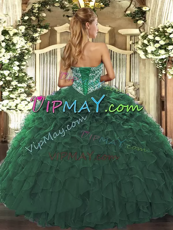 Fantastic Sleeveless Tulle Floor Length Lace Up Sweet 16 Quinceanera Dress in Dark Green with Beading and Ruffled Layers