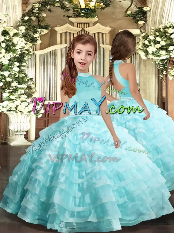 Fine Halter Top Sleeveless Backless Sweet 16 Dresses Aqua Blue Organza Beading and Ruffled Layers