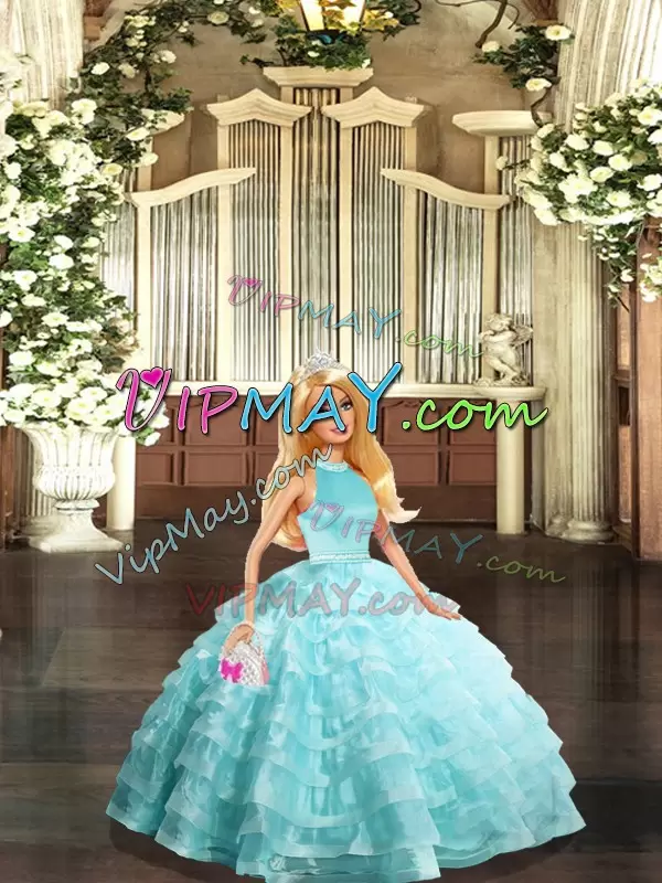 Fine Halter Top Sleeveless Backless Sweet 16 Dresses Aqua Blue Organza Beading and Ruffled Layers