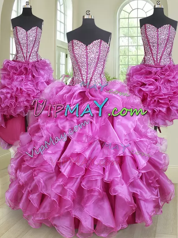 Fabulous Fuchsia Sweetheart Lace Up Beading and Ruffles Quince Ball Gowns Sleeveless