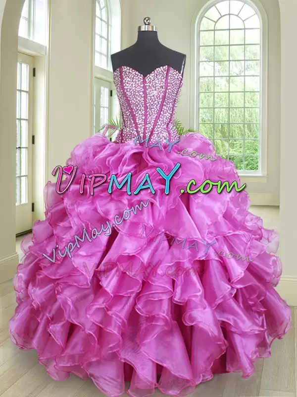 Fabulous Fuchsia Sweetheart Lace Up Beading and Ruffles Quince Ball Gowns Sleeveless