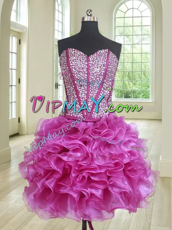 Fabulous Fuchsia Sweetheart Lace Up Beading and Ruffles Quince Ball Gowns Sleeveless