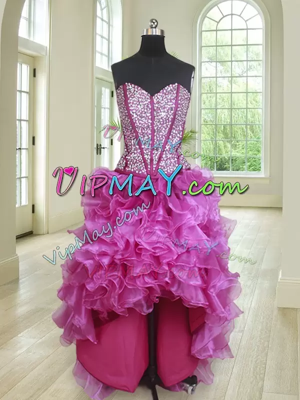 Fabulous Fuchsia Sweetheart Lace Up Beading and Ruffles Quince Ball Gowns Sleeveless