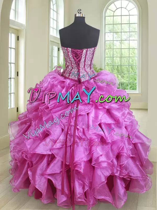 Fabulous Fuchsia Sweetheart Lace Up Beading and Ruffles Quince Ball Gowns Sleeveless