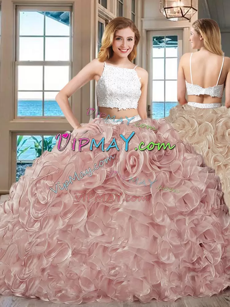 Pink Sleeveless Floor Length Beading and Ruffles Backless Quinceanera Gowns Straps