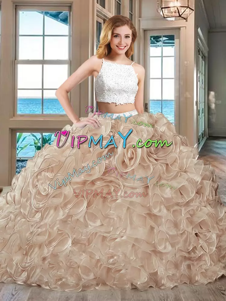 Pink Sleeveless Floor Length Beading and Ruffles Backless Quinceanera Gowns Straps