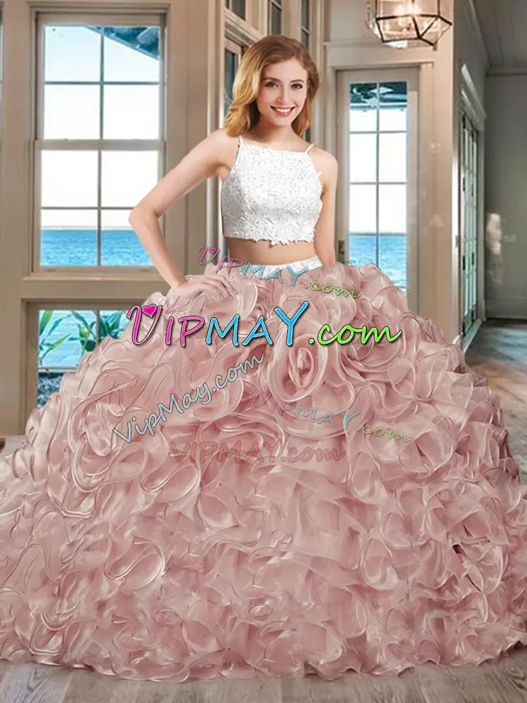 Pink Sleeveless Floor Length Beading and Ruffles Backless Quinceanera Gowns Straps